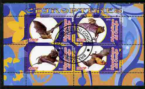 Congo 2010 Chiroptera (Bats) perf sheetlet containing 4 values fine cto used, stamps on animals, stamps on mammals, stamps on bats