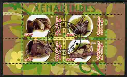Congo 2010 Xenarthra perf sheetlet containing 4 values fine cto used, stamps on animals, stamps on mammals, stamps on sloths, stamps on 