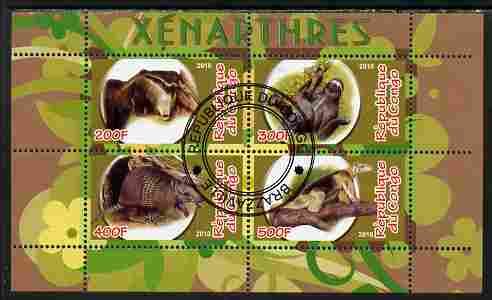 Congo 2010 Xenarthra perf sheetlet containing 4 values fine cto used, stamps on , stamps on  stamps on animals, stamps on  stamps on mammals, stamps on  stamps on sloths, stamps on  stamps on 