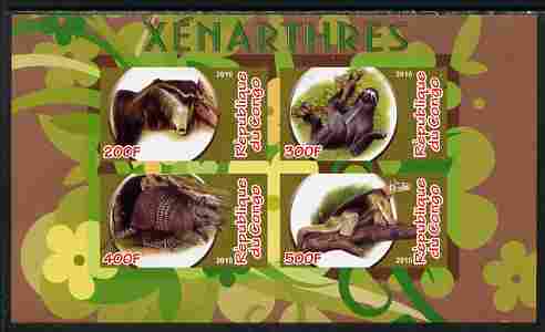 Congo 2010 Xenarthra imperf sheetlet containing 4 values unmounted mint, stamps on , stamps on  stamps on animals, stamps on  stamps on mammals, stamps on  stamps on sloths, stamps on  stamps on 