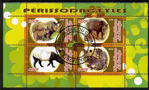 Congo 2010 Perissodactyls (Hoofed Mammals) perf sheetlet containing 4 values fine cto used, stamps on animals, stamps on mammals, stamps on rhinos, stamps on zebra