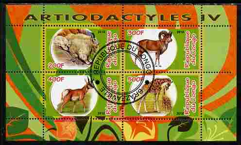 Congo 2010 Artiodactyla (Even toed Mammals) #4 perf sheetlet containing 4 values fine cto used, stamps on animals, stamps on mammals, stamps on giraffes, stamps on ovine