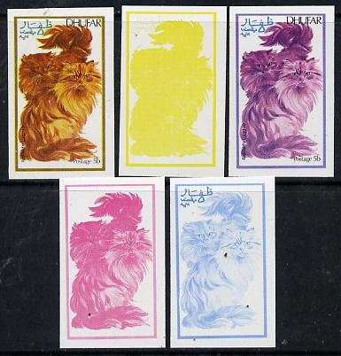 Dhufar 1974 Cats 5b (Red Tabby Long Hair) set of 5 imperf progressive colour proofs comprising 3 individual colours (red, blue & yellow) plus 3 and all 4-colour composite..., stamps on animals    cats