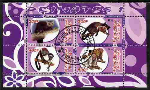 Congo 2010 Primates #1 perf sheetlet containing 4 values fine cto used, stamps on , stamps on  stamps on animals, stamps on  stamps on mammals, stamps on  stamps on apes, stamps on  stamps on primates