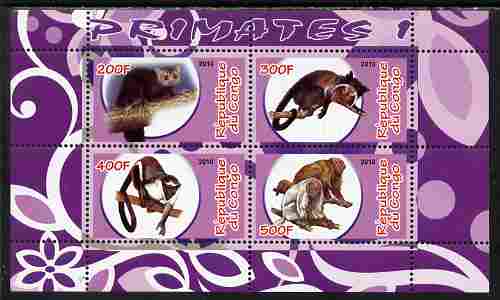 Congo 2010 Primates #1 perf sheetlet containing 4 values unmounted mint, stamps on animals, stamps on mammals, stamps on apes, stamps on primates