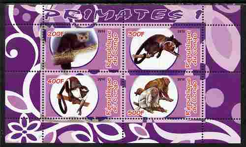 Congo 2010 Primates #1 perf sheetlet containing 4 values unmounted mint, stamps on , stamps on  stamps on animals, stamps on  stamps on mammals, stamps on  stamps on apes, stamps on  stamps on primates