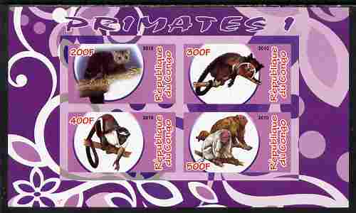 Congo 2010 Primates #1 imperf sheetlet containing 4 values unmounted mint, stamps on animals, stamps on mammals, stamps on apes, stamps on primates