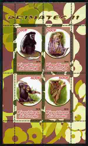 Congo 2010 Primates #2 perf sheetlet containing 4 values unmounted mint, stamps on , stamps on  stamps on animals, stamps on  stamps on mammals, stamps on  stamps on apes, stamps on  stamps on primates