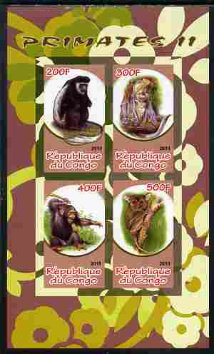 Congo 2010 Primates #2 imperf sheetlet containing 4 values unmounted mint, stamps on animals, stamps on mammals, stamps on apes, stamps on primates