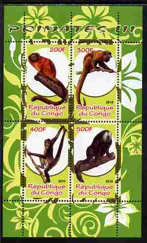 Congo 2010 Primates #3 perf sheetlet containing 4 values unmounted mint, stamps on , stamps on  stamps on animals, stamps on  stamps on mammals, stamps on  stamps on apes, stamps on  stamps on primates