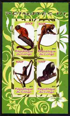 Congo 2010 Primates #3 imperf sheetlet containing 4 values unmounted mint, stamps on animals, stamps on mammals, stamps on apes, stamps on primates