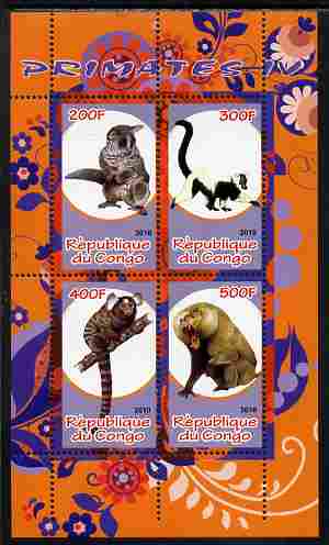 Congo 2010 Primates #4 perf sheetlet containing 4 values unmounted mint, stamps on , stamps on  stamps on animals, stamps on  stamps on mammals, stamps on  stamps on apes, stamps on  stamps on primates