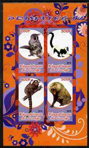 Congo 2010 Primates #4 imperf sheetlet containing 4 values unmounted mint, stamps on , stamps on  stamps on animals, stamps on  stamps on mammals, stamps on  stamps on apes, stamps on  stamps on primates