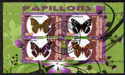 Congo 2010 Butterflies #3 perf sheetlet containing 4 values fine cto used, stamps on , stamps on  stamps on butterflies