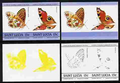 St Lucia 1985 Butterflies (Leaders of the World) 15c se-tenant pair - the set of 4 imperf progressive proofs comprising 2 individual colours plus  3 and all 4-colour composite, unmounted mint as SG 781a, stamps on butterflies