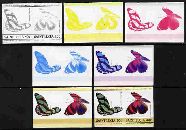 St Lucia 1985 Butterflies (Leaders of the World) 40c se-tenant pair - the set of 7 imperf progressive proofs comprising the 4 individual colours plus 2, 3 and all 4-colour composite, unmounted mint as SG 783a, stamps on , stamps on  stamps on butterflies