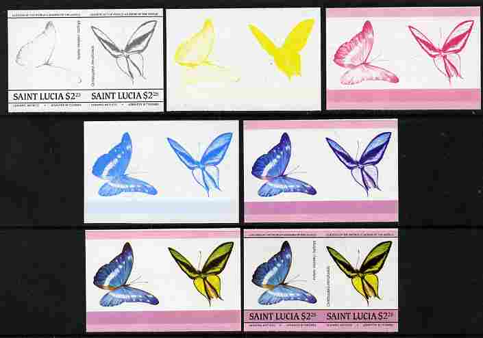 St Lucia 1985 Butterflies (Leaders of the World) $2.25 se-tenant pair - the set of 7 imperf progressive proofs comprising the 4 individual colours plus 2, 3 and all 4-col..., stamps on butterflies