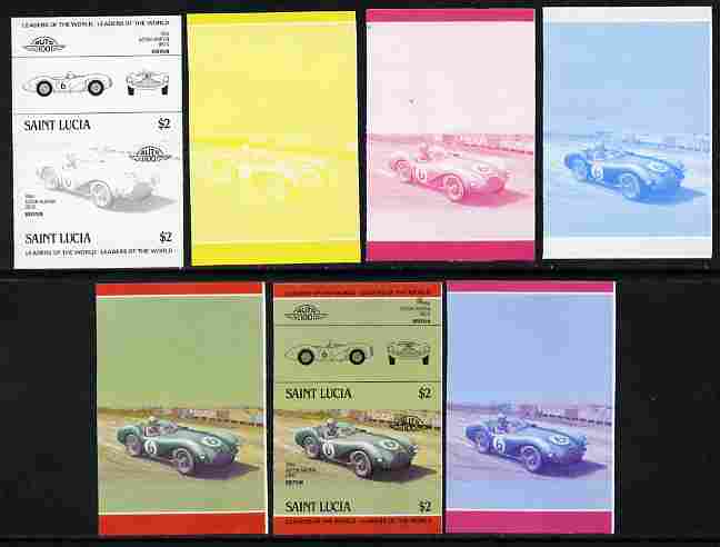 St Lucia 1984 Cars #2 (Leaders of the World) $2 Aston Martin DB3S (1954) se-tenant pair - the set of 7 imperf progressive proofs comprising the 4 individual colours plus 2, 3 and all 4-colour composite, unmounted mint as SG 757a, stamps on , stamps on  stamps on cars, stamps on  stamps on aston martin