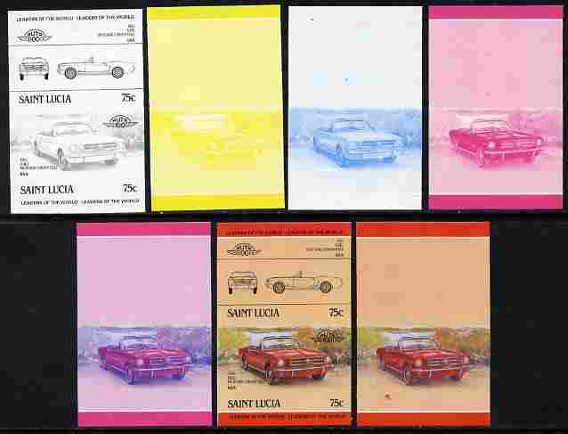 St Lucia 1984 Cars #2 (Leaders of the World) 75c Ford Mustang (1965) se-tenant pair - the set of 7 imperf progressive proofs comprising the 4 individual colours plus 2, 3 and all 4-colour composite, unmounted mint as SG 753a, stamps on , stamps on  stamps on cars, stamps on  stamps on ford