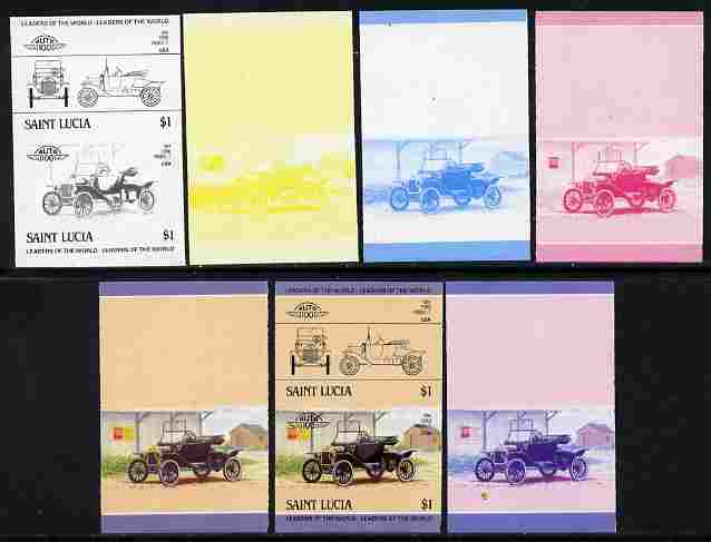 St Lucia 1984 Cars #2 (Leaders of the World) $1 Ford Model 'T' (1914) se-tenant pair - the set of 7 imperf progressive proofs comprising the 4 individual colours plus 2, 3 and all 4-colour composite, unmounted mint as SG 755a, stamps on , stamps on  stamps on cars, stamps on  stamps on ford