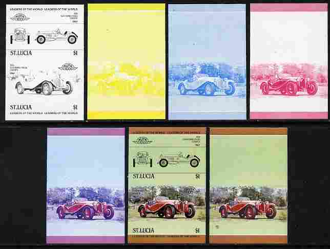 St Lucia 1984 Cars #1 (Leaders of the World) $1 Alfa Romeo (1930) se-tenant pair - the set of 7 imperf progressive proofs comprising the 4 individual colours plus 2, 3 and all 4-colour composite, unmounted mint as SG 707a, stamps on , stamps on  stamps on cars, stamps on  stamps on alfa romeo