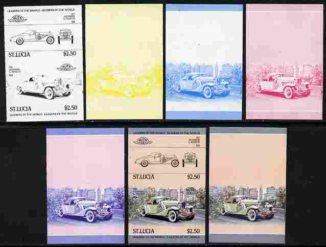 St Lucia 1984 Cars #1 (Leaders of the World) $2.50 Duesenberg 1932 SJ Roadster se-tenant pair - the set of 7 imperf progressive proofs comprising the 4 individual colours plus 2, 3 and all 4-colour composite, unmounted mint as SG 709a, stamps on , stamps on  stamps on cars, stamps on  stamps on duesenburg