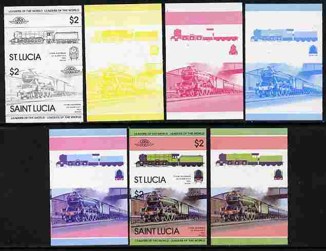 St Lucia 1983 Locomotives #1 (Leaders of the World) $2 Flying Scotsman se-tenant pair - the set of 7 imperf progressive proofs comprising the 4 individual colours plus 2,..., stamps on railways