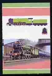 St Lucia 1983 Locomotives #1 (Leaders of the World) $2 Flying Scotsman se-tenant imperf proof pair in 3 colours only (black with country name, inscription & value omitted..., stamps on railways
