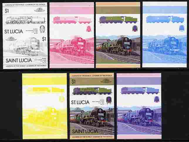 St Lucia 1983 Locomotives #1 (Leaders of the World) $1 Bodmin West Country Class se-tenant pair - the set of 7 imperf progressive proofs comprising the 4 individual colou..., stamps on railways