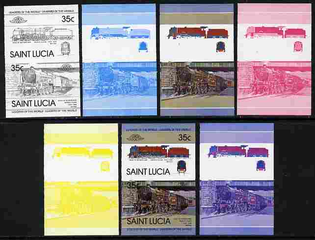 St Lucia 1983 Locomotives #1 (Leaders of the World) 35c Duke of Sutherland se-tenant - the set of 7 imperf progressive proofs comprising the 4 individual colours plus 2, ..., stamps on railways