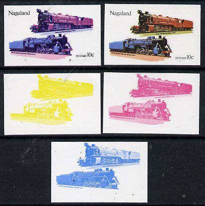 Nagaland 1974 Locomotives 10c (Kenyan & Ugandan) set of 5 imperf progressive colour proofs comprising 3 individual colours (red, blue & yellow) plus 3 and all 4-colour composites unmounted mint, stamps on railways