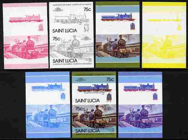 St Lucia 1985 Locomotives #4 (Leaders of the World) 75c 'Dunalastair 4-4-0' se-tenant pair - the set of 7 imperf progressive proofs comprising the 4 individual colours plus 2, 3 and all 4-colour composite, unmounted mint as SG 828a, stamps on railways