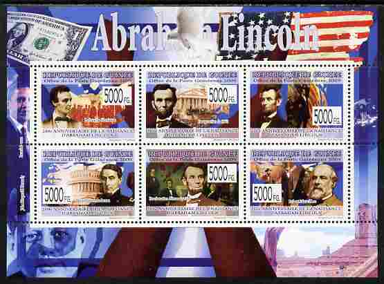 Guinea - Conakry 2009 Abraham Lincoln perf sheetlet containing 6 values unmounted mint Yv 6540-45, stamps on personalities, stamps on lincoln, stamps on constitutions, stamps on usa presidents, stamps on americana, stamps on slavery, stamps on racism, stamps on theatres