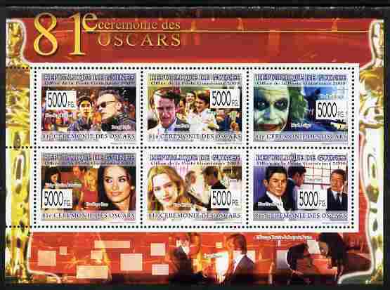 Guinea - Conakry 2009 The 81st Oscar Ceremony perf sheetlet containing 6 values unmounted mint Yv 6554-59, stamps on , stamps on  stamps on personalities, stamps on  stamps on films, stamps on  stamps on cinema, stamps on  stamps on movies