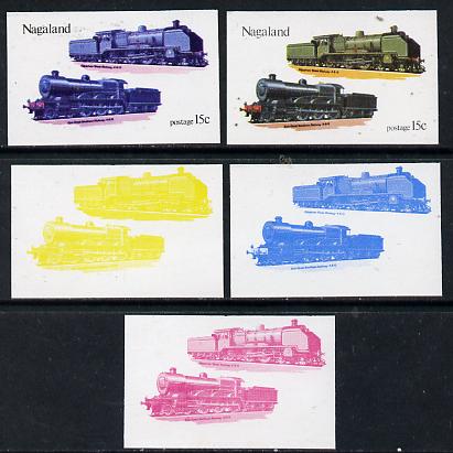 Nagaland 1974 Locomotives 15c (Egyptian) set of 5 imperf progressive colour proofs comprising 3 individual colours (red, blue & yellow) plus 3 and all 4-colour composites unmounted mint, stamps on railways