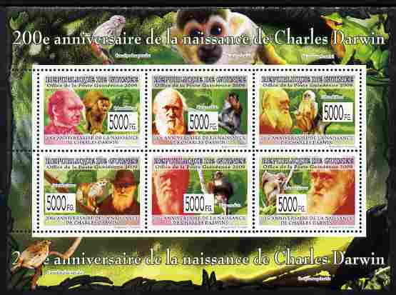 Guinea - Conakry 2009 200th Birth Anniversary of Charles Darwin #3 perf sheetlet containing 6 values unmounted mint Yv 6581-86, stamps on , stamps on  stamps on personalities, stamps on  stamps on birds, stamps on  stamps on fish, stamps on  stamps on animals, stamps on  stamps on insects, stamps on  stamps on darwin