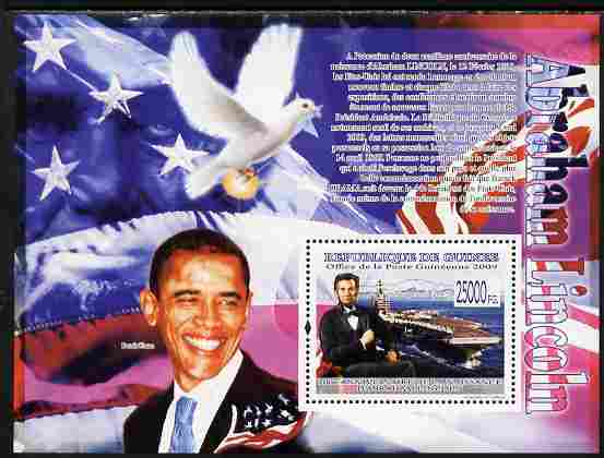 Guinea - Conakry 2009 Abraham Lincoln perf s/sheet unmounted mint Yv BL 1683, stamps on personalities, stamps on lincoln, stamps on constitutions, stamps on usa presidents, stamps on americana, stamps on slavery, stamps on racism, stamps on theatres, stamps on obama, stamps on flat tops, stamps on ships