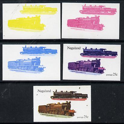 Nagaland 1974 Locomotives 25c (Indian) set of 5 imperf progressive colour proofs comprising 3 individual colours (red, blue & yellow) plus 3 and all 4-colour composites u..., stamps on railways