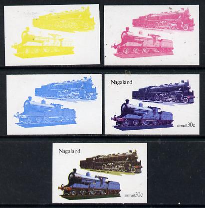 Nagaland 1974 Locomotives 30c (Chinese) set of 5 imperf progressive colour proofs comprising 3 individual colours (red, blue & yellow) plus 3 and all 4-colour composites unmounted mint, stamps on railways