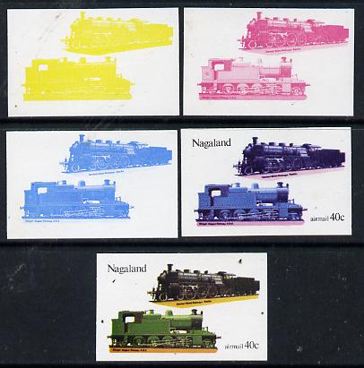 Nagaland 1974 Locomotives 40c (German) set of 5 imperf progressive colour proofs comprising 3 individual colours (red, blue & yellow) plus 3 and all 4-colour composites unmounted mint, stamps on , stamps on  stamps on railways