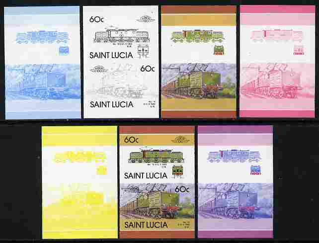 St Lucia 1986 Locomotives #5 (Leaders of the World) 60c No.13 Electric Loco se-tenant pair - the set of 7 imperf progressive proofs comprising the 4 individual colours plus 2, 3 and all 4-colour composite, unmounted mint as SG 864a, stamps on railways