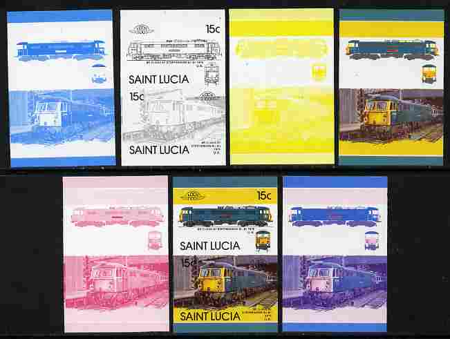 St Lucia 1986 Locomotives #5 (Leaders of the World) 15c Stephenson Electric Loco se-tenant pair - the set of 7 imperf progressive proofs comprising the 4 individual colours plus 2, 3 and all 4-colour composite, unmounted mint as SG 860a, stamps on , stamps on  stamps on railways