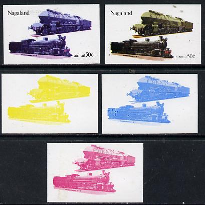 Nagaland 1974 Locomotives 50c (Rhodesia) set of 5 imperf progressive colour proofs comprising 3 individual colours (red, blue & yellow) plus 3 and all 4-colour composites unmounted mint, stamps on railways