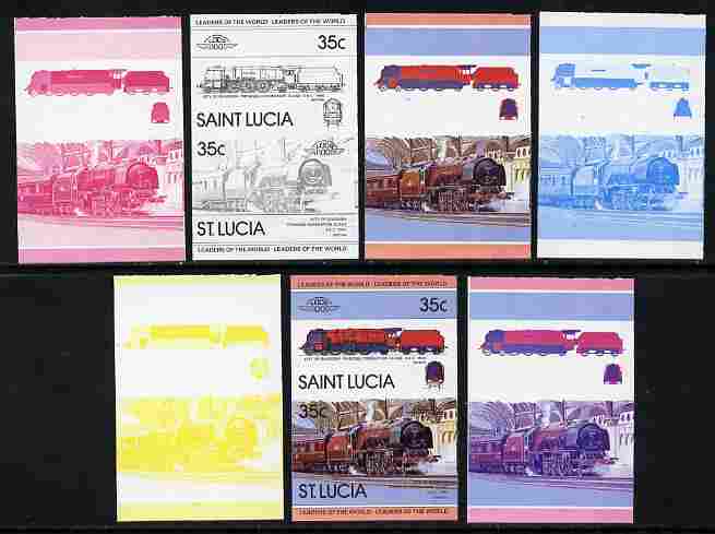 St Lucia 1983 Locomotives #1 (Leaders of the World) 35c City of Glasgow se-tenant pair - the set of 7 imperf progressive proofs comprising the 4 individual colours plus 2..., stamps on railways