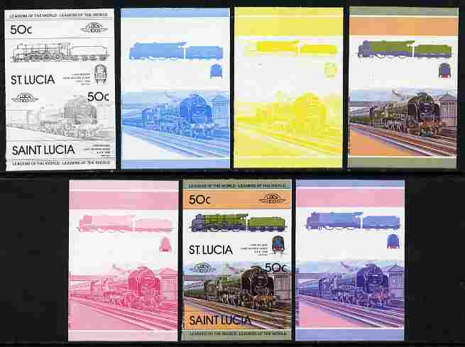 St Lucia 1983 Locomotives #1 (Leaders of the World) 50c Lord Nelson se-tenant pair - the set of 7 imperf progressive proofs comprising the 4 individual colours plus 2, 3 and all 4-colour composite, unmounted mint as SG 655a, stamps on , stamps on  stamps on railways, stamps on  stamps on nelson