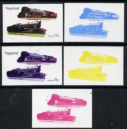 Nagaland 1974 Locomotives 75c (Canadian Pacific) set of 5 imperf progressive colour proofs comprising 3 individual colours (red, blue & yellow) plus 3 and all 4-colour co..., stamps on railways