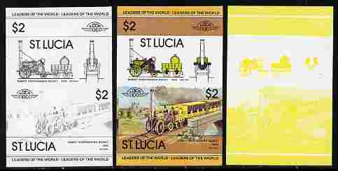 St Lucia 1983 Locomotives #1 (Leaders of the World) $2 Stephenson's Rocket se-tenant pair - the set of 3 imperf progressive proofs comprising yellow & black individual colours plus all 4-colour composite, unmounted mint as SG 665a, stamps on railways