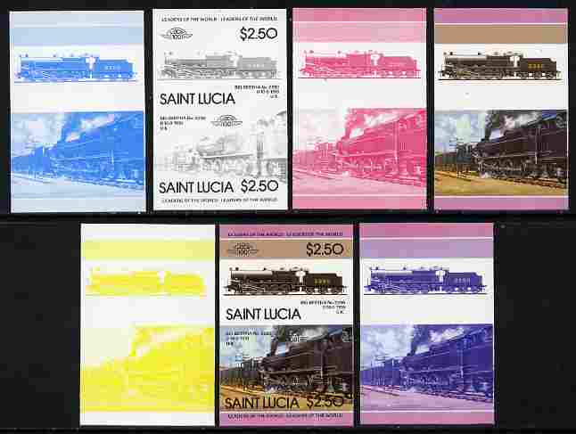 St Lucia 1985 Locomotives #4 (Leaders of the World) $2.50 Big Bertha 0-10-0 se-tenant pair - the set of 7 imperf progressive proofs comprising the 4 individual colours pl..., stamps on railways