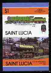 St Lucia 1986 Locomotives #5 (Leaders of the World) $1 4-6-2 City of Newcastle se-tenant pair imperf from limited printing unmounted mint as SG 868a, stamps on railways