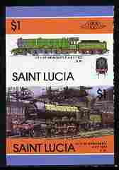 St Lucia 1986 Locomotives #5 (Leaders of the World) $1 4-6-2 City of Newcastle se-tenant pair imperf from limited printing unmounted mint as SG 868a, stamps on , stamps on  stamps on railways